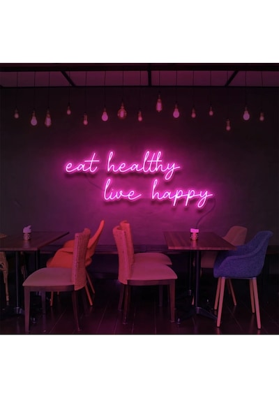 Eat Healthy Live Happy Yazılı Neon Tabela Pembe