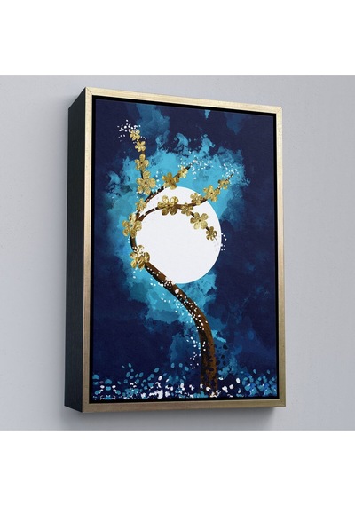 Çerçeveli Altın Çiçekli Ağaç Ve Ve Ay Kanva Tablo, Soyut Çağdaş Sanat Örneği-4971