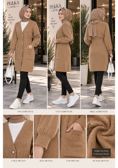Aymiraa Kadın Angora Kumaş Beli Lastikli Uzun Tesettür Hırka Camel Camel