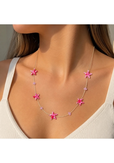 Premium Parlak Gold Renk Pembe Deniz Yıldızı Figürlü Boncuk Detaylı Zincir Kadın Bijuteri Kolye 45cm Altın
