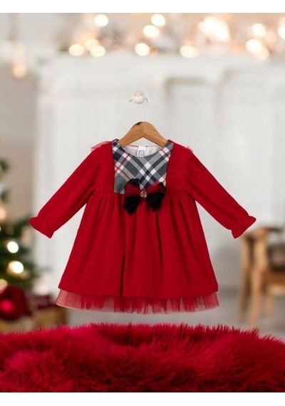 Cantoy Kız Bebek Ekose Desenli Kırmızı Kadife Tasarım Elbise-15221 Kırmızı