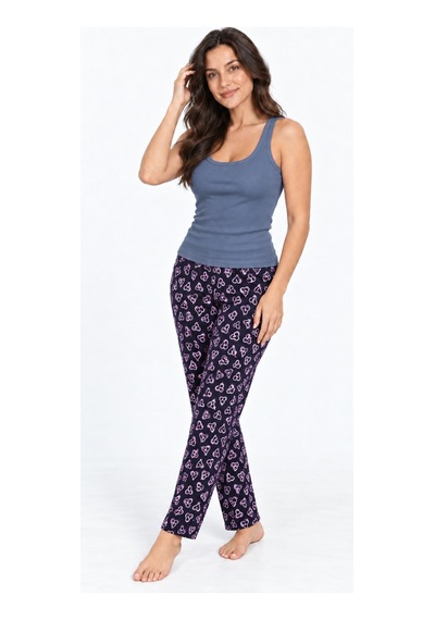 Womanandkids Night Gri Kadın Çizgili Bluz Desenli Askılı Pijama Takımı