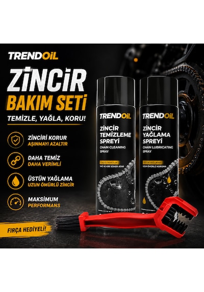 Motosiklet Zincir Bakım Seti - Zincir Yağlama Spreyi + Zincir Temizleme Spreyi + Temizleme Fırçası 3'lü Set