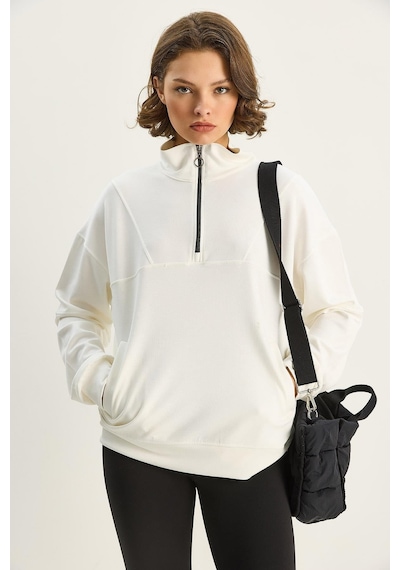 Shade Kadın Dik Yaka Yarım Fermuarlı Cep Detaylı Oversize Modal Sweatshirt 60601053 - Ekru