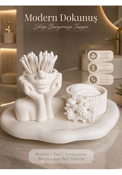 Modern Dekoratif Banyo Seti El Yapımı Vernikli Pamukluk & Kulak Çubuğu Düzenleyici Beyaz