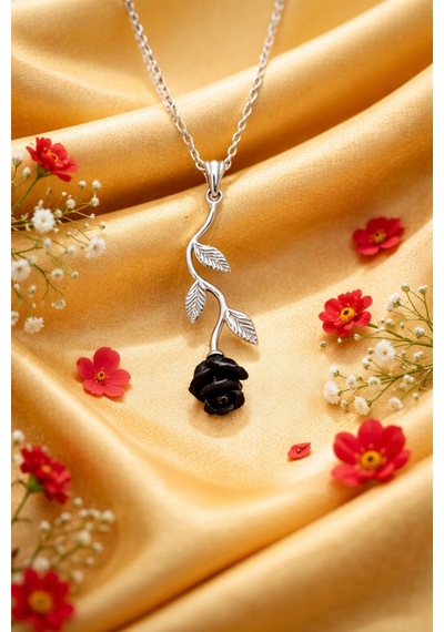 Çekirdekjewelry 925 Ayar Gümüş Siyah Gül Kolye Kadınlara Özel Minimal Şıklık Gümüş