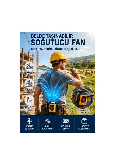 Bel Tipi Taşınabilir Vantilatör 5000mah Şarjlı Güçlü Soğutucu Fan, İnşaatçı, Çiftçi Ve Çobanlar İçin Turuncu