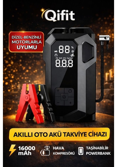 Akıllı Oto Akü Takviye Cihazı, 16000mah, 12v Dizel/benzinli Araçlar İçin, Hava Kompresörü, Powerbank Siyah Siyah
