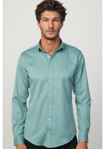 Tudors Slim Fit Likralı Düz Pamuk Saten Yeşil Erkek Gömlek-29715-yeşil Yeşil