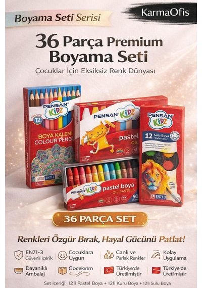 36 Parça Boyama Seti 12 Li Pastel, 12 Li Kuru Boya, 12 Li Sulu Boya Tamamı Yerli Üretim