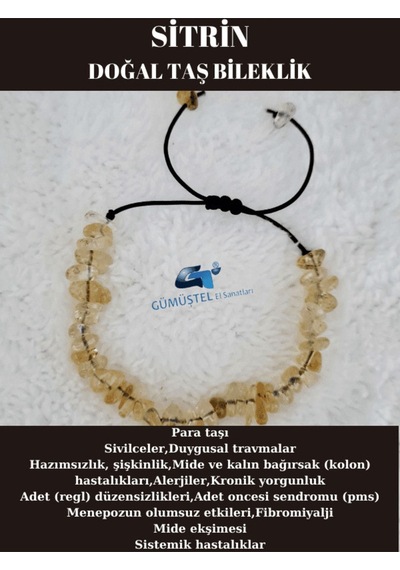 Gümüştel El Sanatları Sertifikalı Doğal Kırık Taş Sitrin Taşı Bileklik Asansörlü Kilit Sistemi Sarı
