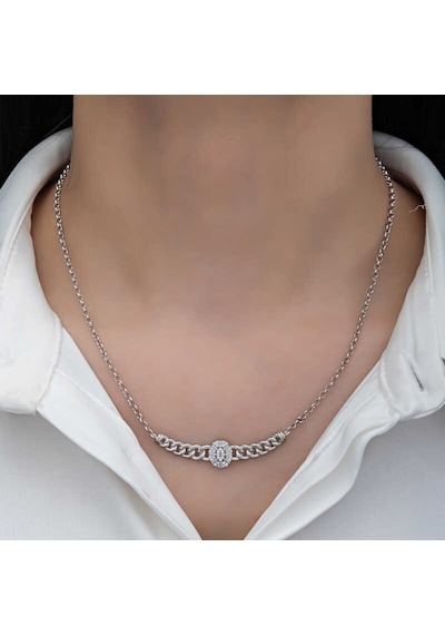 Gümüş Gurmet Zincirli Oval Baget Taşlı Kadın Kolye Gri