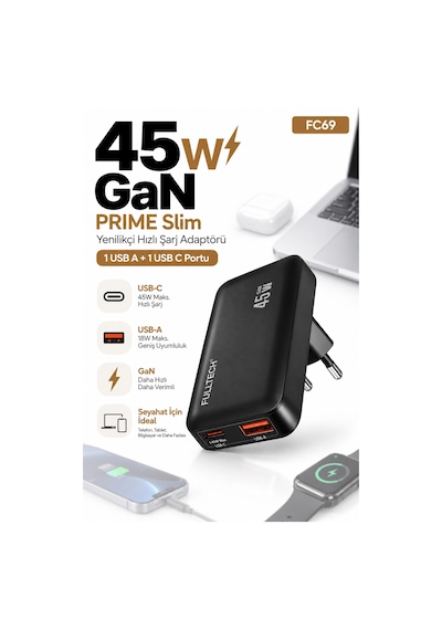 Fulltech Prime Slim Fc69 45w Gan Hızlı Şarj Adaptörü Usb-c + Usb-a Çift Port Şarj Cihazı