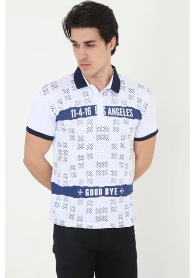 Erkek Yakalı Slim Fit Baskılı T-shirt - Beyaz Beyaz