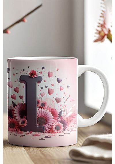 Renkli Çiçekli I Harfi Baskılı 3d Görünümlü Tasarım Mug Kupa Bardak Karışık