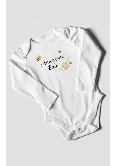 Morivokids Annesinin Balı Uzun Kollu Bebek Body %100 Pamuk Beyaz