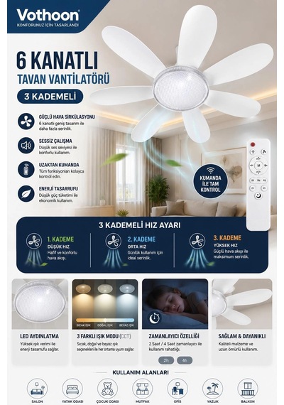 6 Kanatlı 3 Kademeli Led Aydınlatmalı Uzaktan Kumandalı Tavan Vantilatörü Diğer