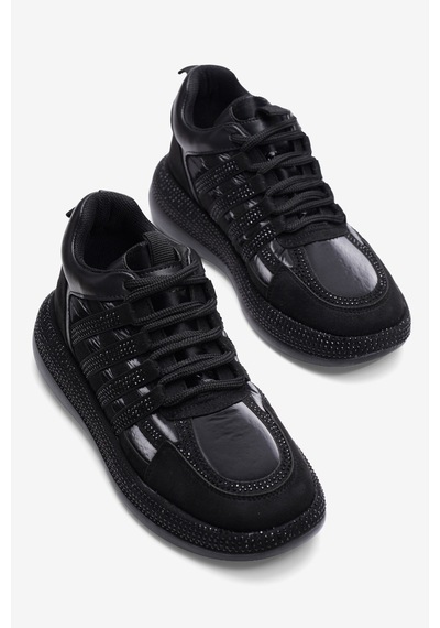Mubiano Kadın Paraşüt Sneaker Süet Detaylı Taşlı Günlük Spor Ayakkabı Vona Siyah