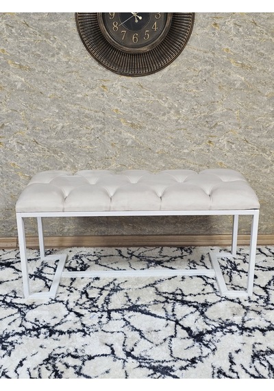 Zafir Beyaz Boyalı - L - Ayaklı 100 Cm X 38 Cm Oturak - Bench - Makyaj Taburesi - Makyaj Oturak Krem
