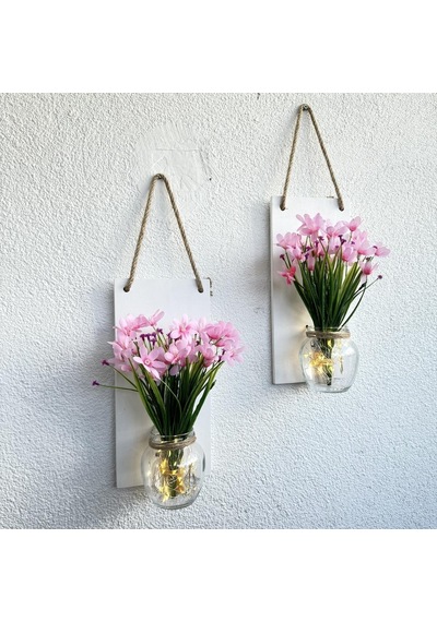 Led Işıklı, Pembe Nergis Çiçekli Duvar Dekoru Beyaz İkili Set Beyaz