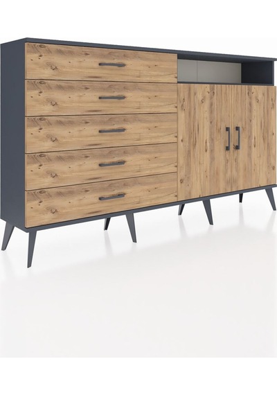 Arges Konsol 2 Raflı 5 Çekmeceli 2 Kapaklı 176x30x99 Antrasit-çam Antrasit-çam