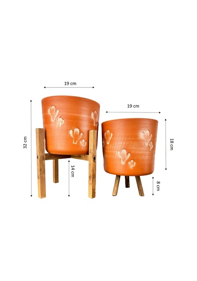 Bitki Tasarımı Ev Dekorasyon Aksesuar Kaktüs Desenli Toprak Saksı Saksılık Salon Çiçeklik İkili Set 3 Ayaklı- 4 Ayaklı- 19 Cm