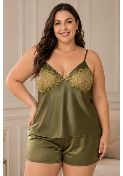 Loule Büyük Beden Haki İnce Askılı Dantelli Saten Şortlu Pijama