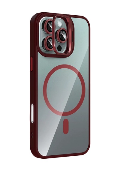 İphone 16 Pro Remim Lensli Magsafe Standlı Kapak - Bordo