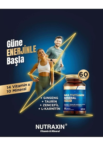 Nutraxin Multivitamin Mineral Energy Complex 60 Tbl - Magnezyum, Taurin, Kolin, Panax Ginseng, Q10