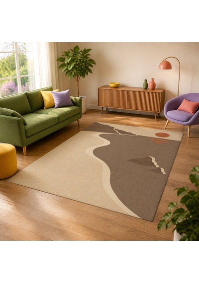Kartela Halı Kıyı Deniz Manzaralı Modern Halı Bej Kaymaz Taban Makinede Yıkanabilir 80x120 Cm