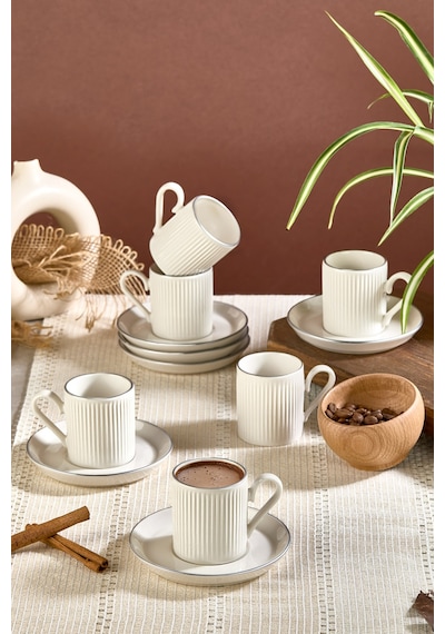 12 Parça 6 Kişilik Stackable Çizgili Gümüş Yaldızlı Kahve Fincan Takımı - Kahve Fincanı Seti 100ml Gümüş Beyaz