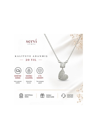 Servi 925 Ayar Gümüş Zirkon Taşlı Kalp Detaylı Tektaş Kolye -452