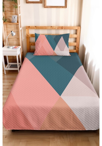 Geometrik Pembe Genç Odası Tek Kişilik Pike Takımı - Petrol Ekru 160x220 Cm Kapitone Yatak Örtüsü Kabuğu Kil Solgunluğu