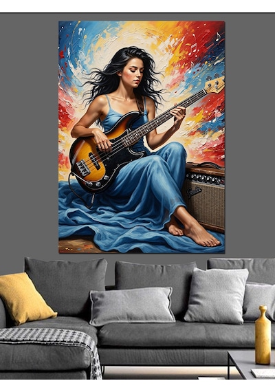 Ahşap Tablo Gitar Çalan Kadın Müzisyen