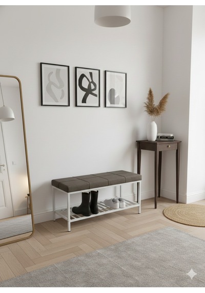 Özcan Metal Beyaz Metal Ayaklı Raflı Bench Puf Bank Antre Mutfak Salon Yatak Odası Puf Bank 105 40 Kahverengi