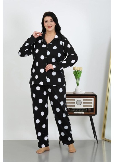 Celira Kadın Büyük Beden Pamuklu Cepli Düğmeli Siyah Pijama Takım 202504 Siyah