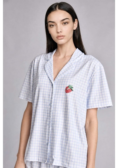 Defacto Regular Fıt Şortlu Kısa Kollu 2li Kareli Softshell Açık Mavi Pijama Takımı H6375ax26hsbe250 Mavi-be250