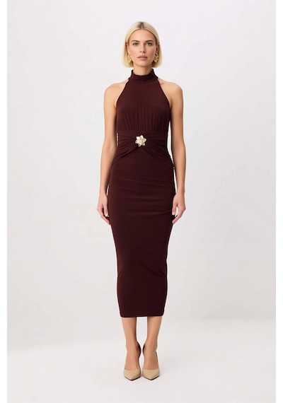 Benerly Kadın Halter Yaka Kolsuz Bodycon Midi Elbise Aksesuar Detaylı Ast Kahverengi