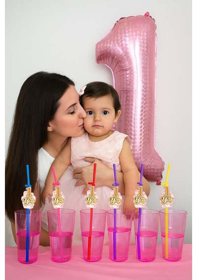 Pipet 1 Yaş Yaldızlı Pipet 10 Lu Pembe 1 Yaş Kız Doğum Günü Partisi