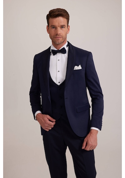 Ysf Erkek Lacivert Slim Fit Şal Yaka Yelekli Damatlık