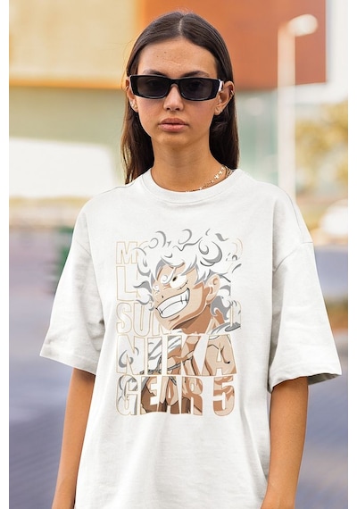 Nika Gear 5 Anime Karakter Baskılı Unisex Oversize Tişört Beyaz