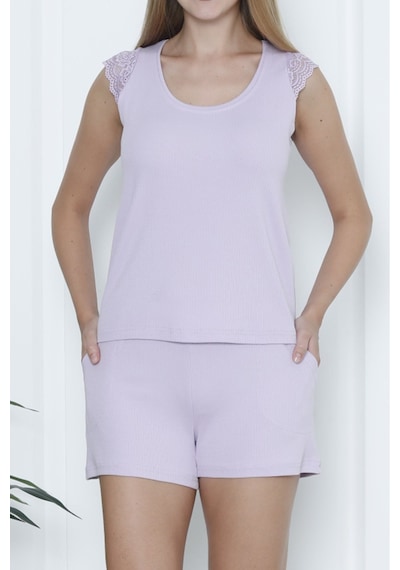 Nicoletta Kadın Şortlu Pijama Takımı Dantelli Sıfır Kol Likrali Cepli Kaşkorse Lila LILA