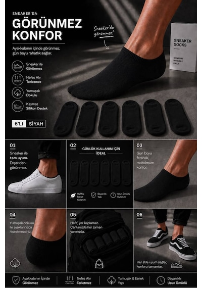 Erkek 6'lı Siyah Görünmez Sneaker Çorap Siyah
