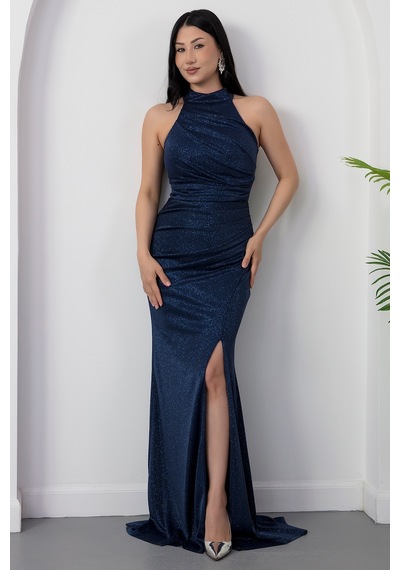 Kalopya Halter Yaka Yırtmaçlı Simli Elbise Drp0013 Lacivert