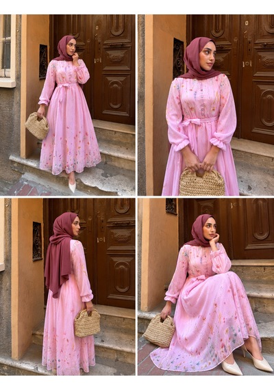 Efulim Womens Modal Tül Şifon Elbise Pembe