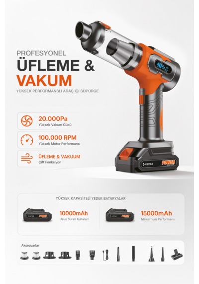 20000pa Kablosuz Araç Süpürgesi Üfleme Vakum 2'si 1 Arada 100000 Rpm Şarjlı El Süpürgesi Hepa Filtre Antrasit