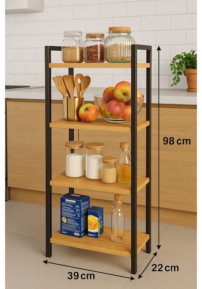 4 Katlı Metal Çerçeveli Ahşap Raf Mutfak & Banyo Düzenleyici Çok Amaçlı Organizer 98x39x22 Cm Kahverengi