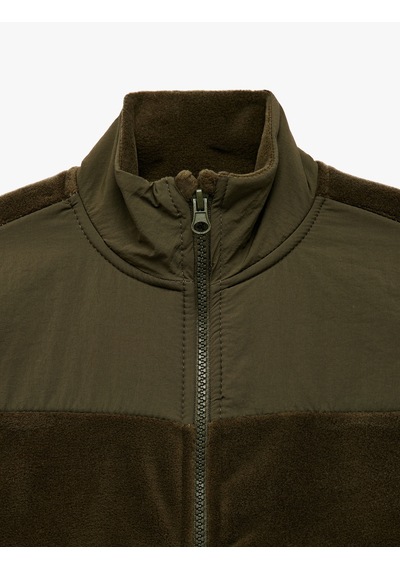 Koton Cepli Fermuarlı Uzun Kollu Dik Yaka Polar Sweatshirt Haki 7wkb10264tk