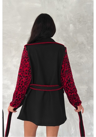 Femelle Kadın Bordo Leopar Desen Kolları Kürk Kemerli Nakış İşlemeli Kaşe Kaban