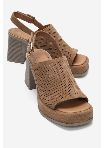 Luvi Shoes Penvıa Taba Süet Hakiki Deri Kadın Kalın Topuklu Sandalet